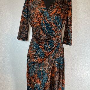 Surplice Long Sleeve Dress in Teal and Burnt Orange Botanical Print